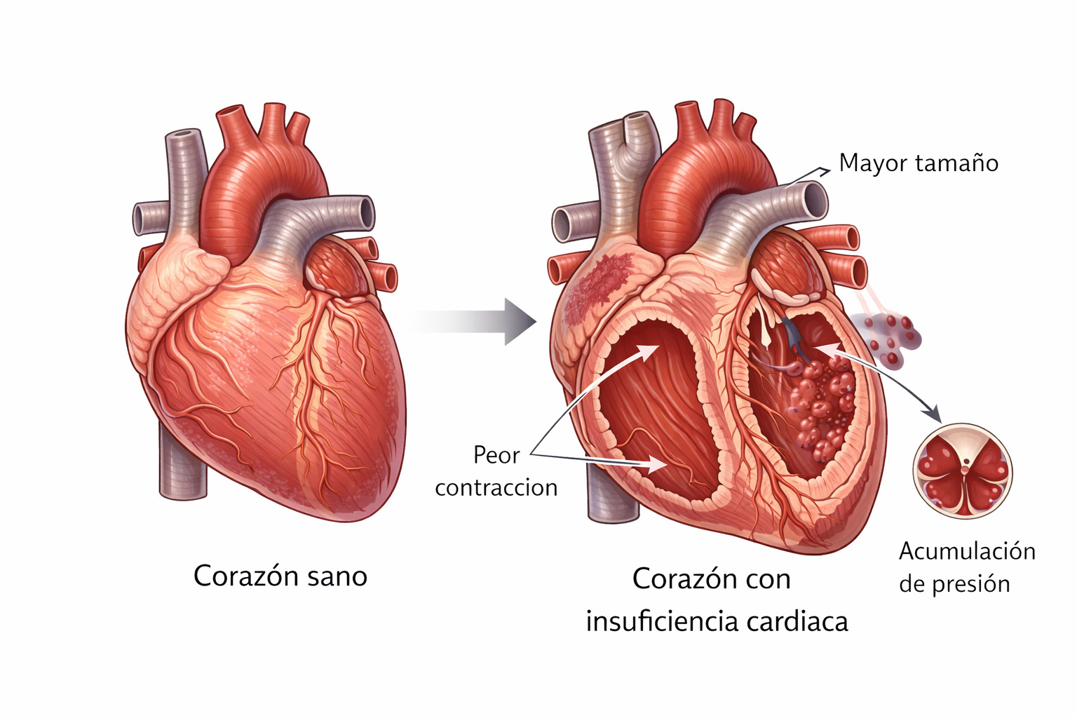 Comparativa de un corazón sano y un corazón con insuficiencia cardíaca