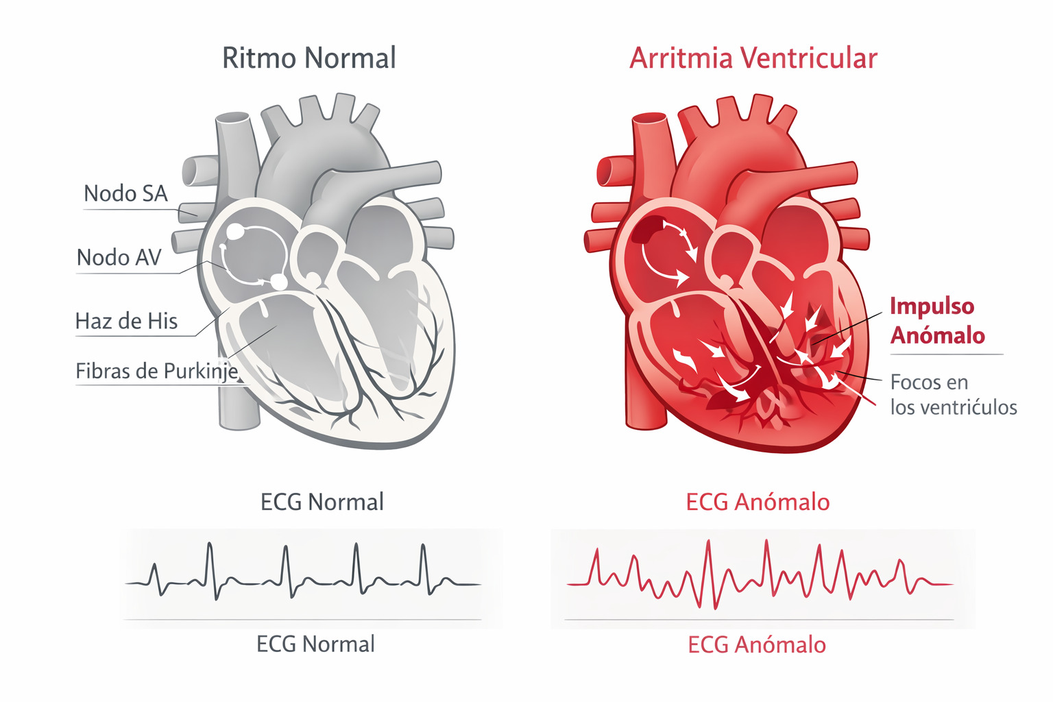 Comparativa de un corazón con arritmia ventricular 